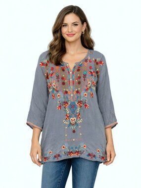 Johnny Was Briony Cupra Rayon Embroidered Boho Gray Tunic Size L